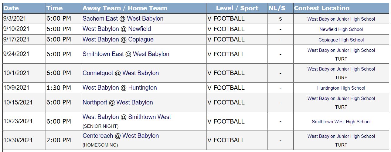 Varsity Schedule - TOUCH DOWN CLUB OF WB